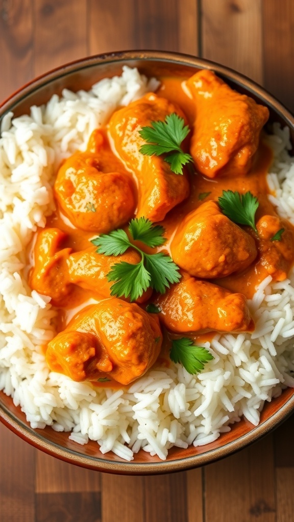 A plate of butter chicken with creamy tomato sauce and basmati rice, garnished with cilantro.